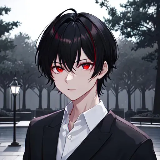 Prompt: Damien (male, short black hair, red eyes) in the park at night, casual outfit, dark out, nighttime, midnight, 8k resolution, awe inspiring, epic, ultra detailed, high resolution