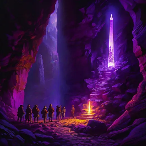 Prompt: The large purple obelisk emiting light in a dark cave, several explorers with torches illuminating a cave, fluorescent musrooms, medival, fantasy, middle ages, renaissance, Michelangelo, Greg Rutkowski, full hd, high quality, 4k, trending on artstation, oil painting, intricate, highly detailed,