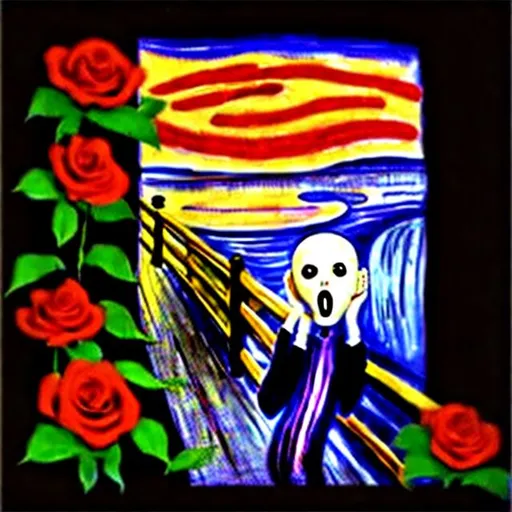 Prompt: the scream mask holding a bundle of roses