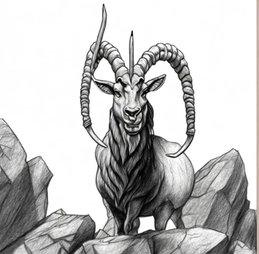 Prompt: Capricorn standing behind rocks drawn as a pencil drawing with shadings