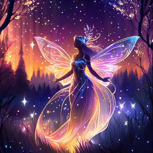 Prompt: An elegant translucent faerie that is glowing, beneath the stars, sunset, magic forest background, highres, best quality, concept art