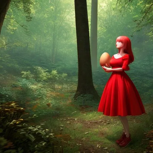 Prompt: a red dress girl in forest stumbled upon egg,big egg,volumetric light,8k
