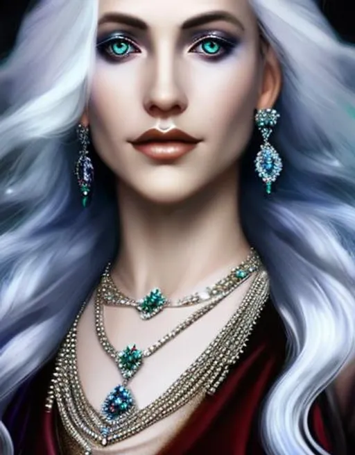 Prompt: A hyper realistic detailed character poster ((close-up)) image of a young ((elf)) queen ((regal woman)),  with ((royal clothes)) with ((bright silver hair)) a gothic dress, jewelry set, balayage wild hair, highly detailed, digital painting, Trending on artstation, HD quality, ((by Prywinko)) Inspired by Tolkien. Sea.