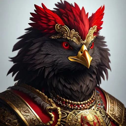 Prompt: an anthropomorphic Chicken, mythological creature, large head, red glowing eyes, chest armor, muscled, highly detailed face and fur, dark skin, chiaroscuro, volumetric lighting, d&d character, oil on canvas, intricate detail