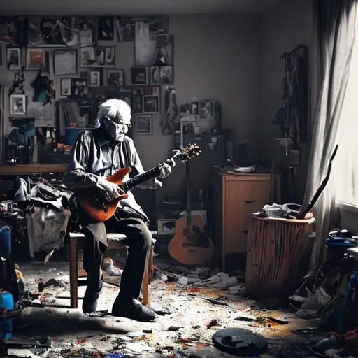 Prompt: dark scene of old man playing guitar alone in a messy room 