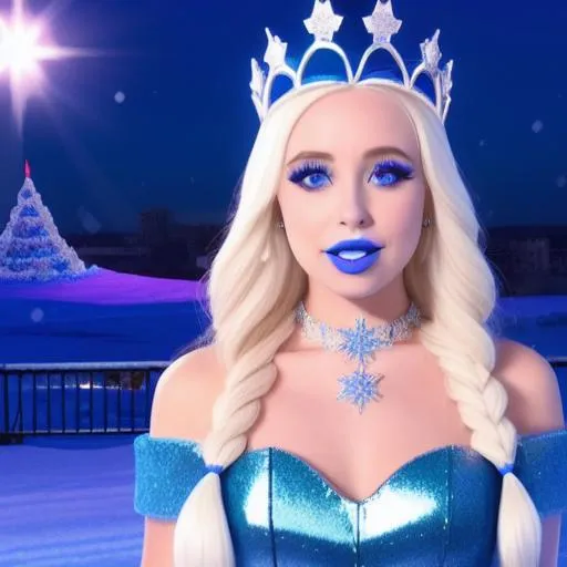 Prompt: Ice Queen Kayleigh McEnany, Elsa, eating blue ice cream in winter palace, blue lipstick, city skyline, windy and snowing, blue heart necklaces, Large frozen Ball Gown, pleasant face, blue eyes, Black-purple eyeshadow, Sugar Hat, extremely large ice earrings. Cold color scheme, ultradetailed, 8k resolution, perfect, smooth, high quality, shiny. 