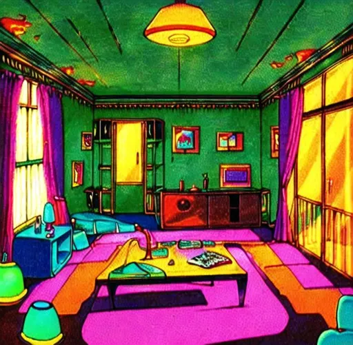Prompt: lava lamp 80s hang out room, lava lamps, couches, retro room