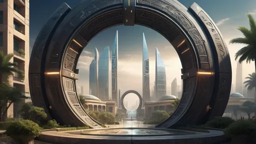 Prompt: magical portal between cities realms worlds kingdoms, circular portal, ring standing on edge, upright ring, freestanding ring, hieroglyphs on ring, complete ring, ancient babylonian architecture, gardens, hotels, office buildings, shopping malls, large wide-open city plaza, panoramic view, futuristic cyberpunk tech-noir setting