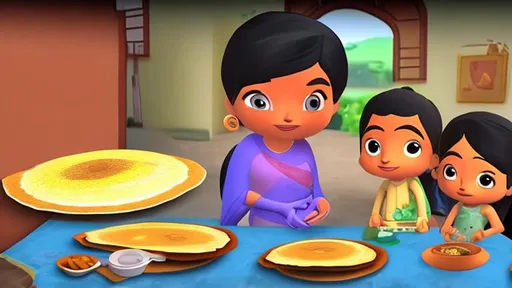 Prompt: family with kids eating dosa mom making dosa in village cartoon 3d