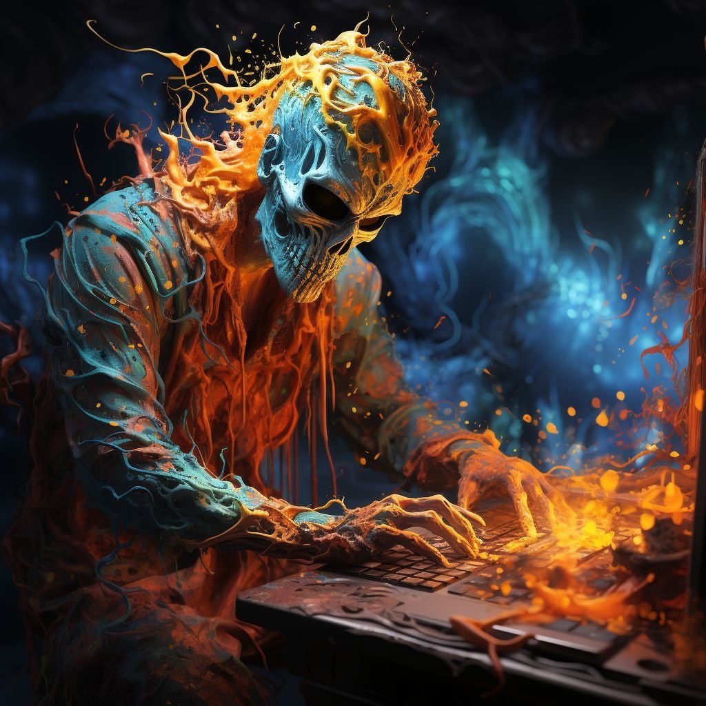 Prompt: an image of an orange artist with the paint brush flying in front of him, in the style of dark blue and cyan, zombiecore, rainbowcore, melting, highly detailed illustrations, graphic illustration, ironical