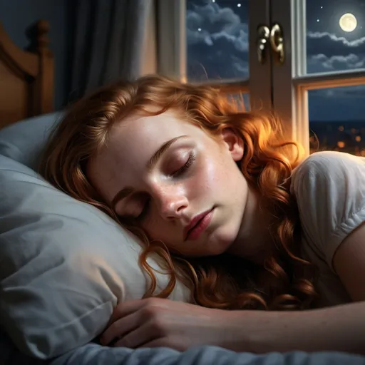 Prompt: (Masterpiece), best quality, ultra_fotorealistic, A cute 24 year old tiny girl, narrow face, narrow cheekbones, closed eyes, long curly nature-red hair, she is sleeping in her bed, at night, dark bedroom, open window, moonshine
