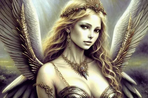 Prompt: beautiful portrait EOS the winged goddess of the dawn, beautiful female, décolletage, wonderful clothes and jewellery, Royo, stunning, detailed