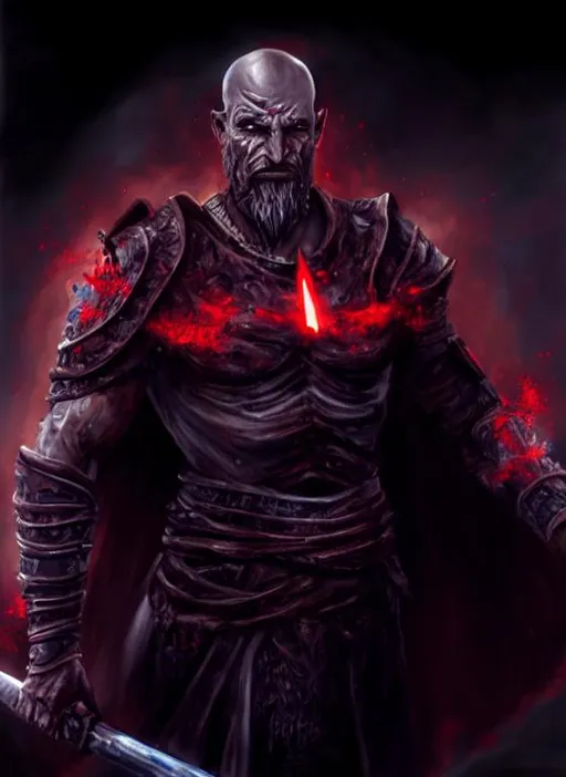 Prompt: Oil painting, dnd fiverr, landscape, UHD, 8K, highly detailed, panned out view of the character, fantasy, visible full body, a hyperdetailed Zuko from avatar mixed with god of war Kratos and darth sion, inspired fantasy world eater god with ((pale gray skin)) and (((red glowing cracks in his body))) ((no helmet)) set in a fantasy setting with ((leather armor)) and a broadsword, angry expression, fighting brush strokes by gaston bussiere, craig mullins, greg rutkowski, yoji shinkawa