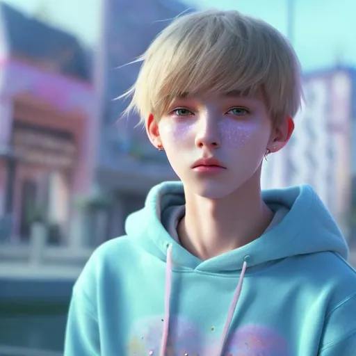 Prompt: Realistic photorealistic 4k hd fanart of young 17 years old cute and pretty, youthfully unblemished handsome femboy, stunning handsomeness and youthful beauty, slightly tanned skin with freckles, crystal azure eyes, wearing a pastel hoodie an a miniskirt, straight blonde hair styled in k-pop bowl cut with shaved undercut. IMPORTANT: short blonde straight hair bowl haircut with shaved undercut, blonde hair, fruity flair