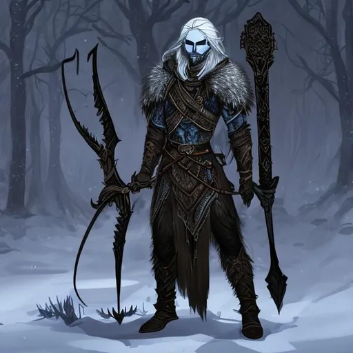 Prompt: male half-drow, long black hair, bearded, crossbow, ranger, outsider, winter coat, scalemail armor, gloomy