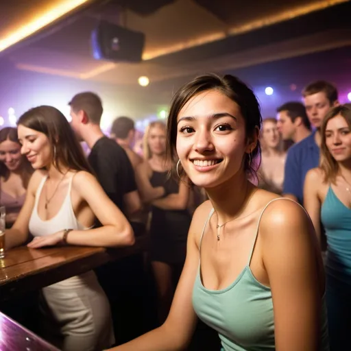 Prompt: A (slim, cute) Age:22 young woman  with a (shy, overwhelmed expression) at a dance club sitting alone at the bar.  Detailed facial features and skin tone with self-styled hair.  Crowded dancefloor and stage show in the (blurred background) with people dancing.