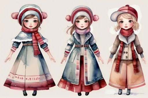 Prompt: young girl, winter outerwear, jacket,  scarf, hat, a lot of details, high quality, standing straight, arms to the sides, paper doll, watercolor,