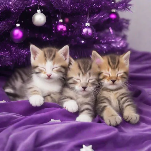 Prompt: kittens sleeping under a purple christmas tree
