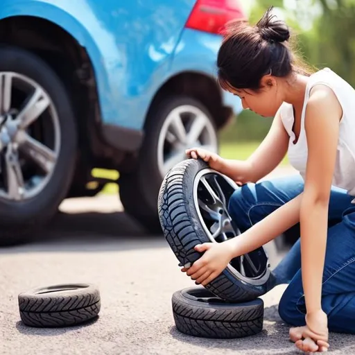 Prompt: A girl is changing a flat tyre 