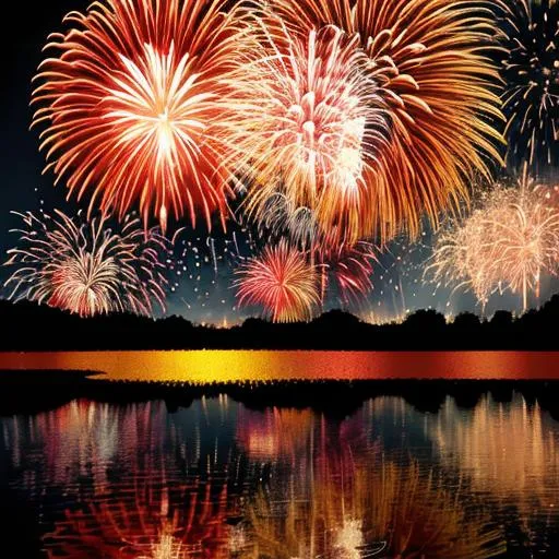 Prompt: fireworks over water with reflection,red and gold colors