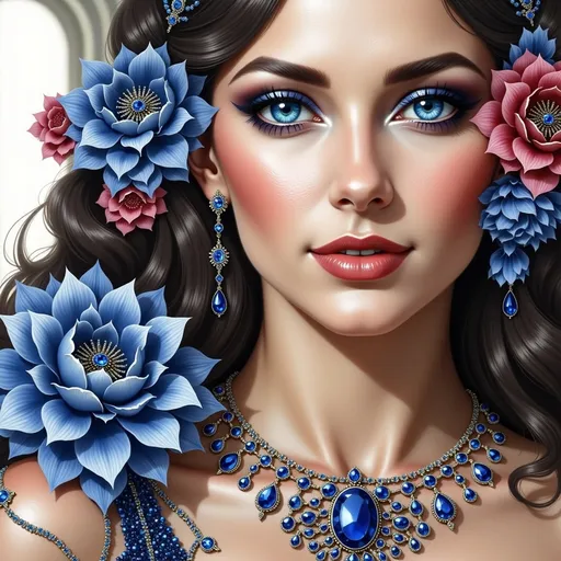 Prompt: An princess with black hair wearing an ornate headpiece with jewels, necklace and earrings with a candle lit background and a circular doorway, Bastien L. Deharme, fantasy art, dark fantasy art, a painting