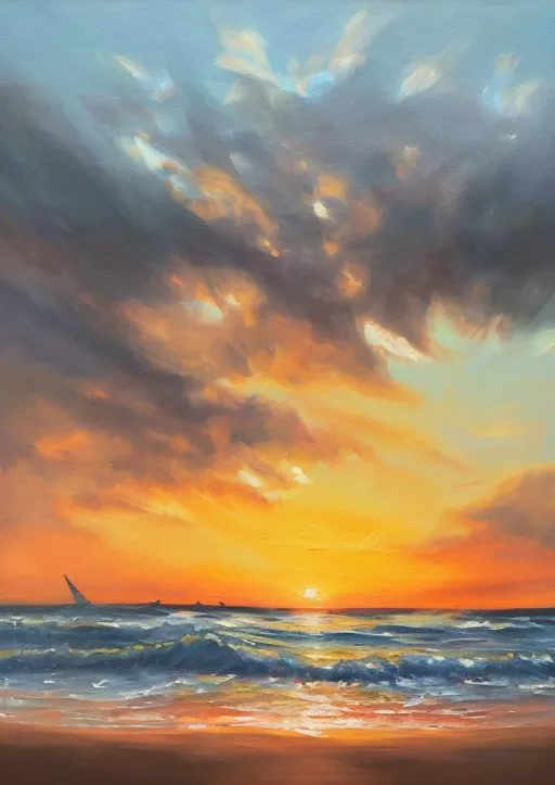 Prompt: sunset, sea, oil paint
