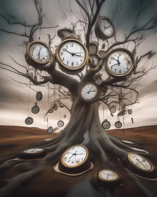 Prompt: A surreal scene featuring melting clocks draped over tree branches, surrounded by floating abstract elements in a dreamlike landscape. Shot with a wide-angle lens to capture the vastness of the surreal world.