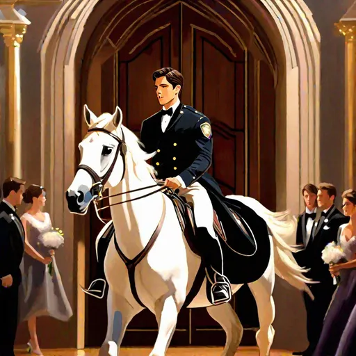 Prompt: Caleb  as a police officer (brown hair) (brown eyes) wearing a tuxedo, full body, riding a horse, pulling back on the reins, making the horse on its hind legs rearing  up, two large doors directly behind him, center, front-facing, stopping a wedding, objecting, still image, standing in the altar room