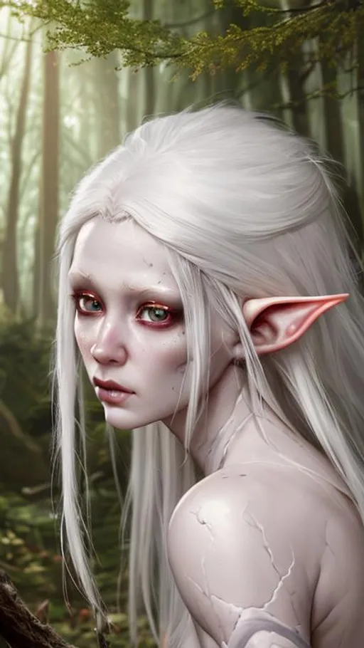 Prompt: highest quality stylized character concept masterpiece, award winning digital 3d oil painting art, hyper-realistic, intricate, 64k, UHD, HDR, image of a beautiful albino elf-girl in the burning forest, highly detailed face, hyper-realistic facial features, perfect anatomy in perfect composition of professional, long shot, sharp focus photography, cinematic 3d volumetric, dramatic lighting with backlit backlight, {{sexy}}, aiming down sights.