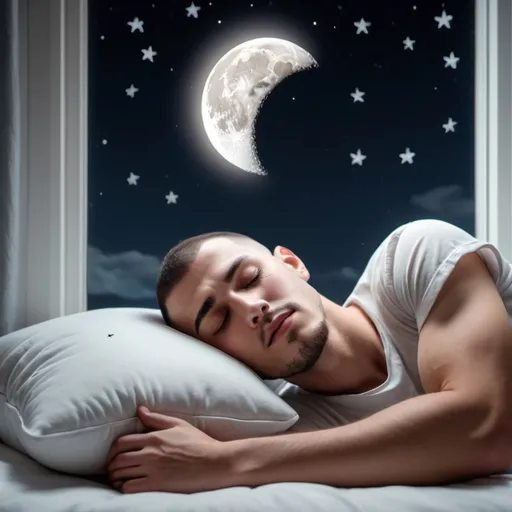 Prompt: A sweet guy with buzz haircut sleeping on a white Pillow, window beside him shows the moon with lighting stars, 8k