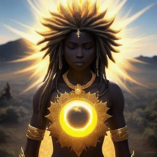 Prompt: (Hyperrealistic highly detailed full body of an ebonian sun priest woman purifying a cursed land)
Epic, magic, visual effect. Beautiful, determined, golden necklace, white translucent silk, holy light. Sun. Shadows.