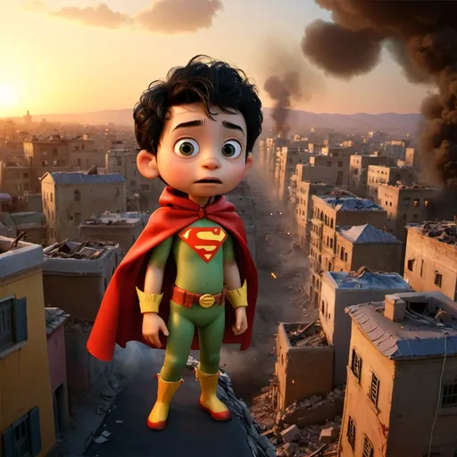 Prompt: 
make a cool super hero toodler dark hair and filthy from hard work in super hero gaza costum with cape 
from gaza flying over war torn gaza city scape pixar style veiw from sky looking down at 45 degree angle at late sunset in the middle of battle with complete destruction of veichiles and buildings fire and smoke