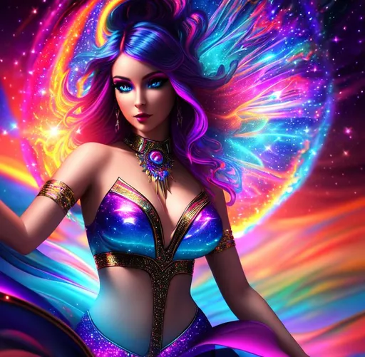Prompt: psychedelic, twisted, cinematic, 3D, HD, {Female}Magician, {liquid}silk, sparkles, supernova, expansive psychedelic background, sunset, hyper realistic, 8K --s98500