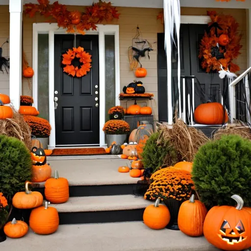 Prompt: Create a fall themed porch with Halloween decorations 