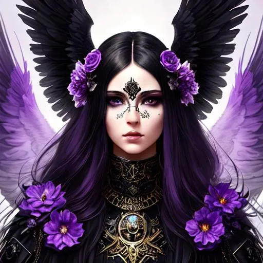 Prompt: a Beautiful woman Deatheater, beautiful masked face, dead space, black feathered angel wings, black magic, Ornate background, armor, purple flowers, cyberpunk, beautiful body, long hair, tom bagshaw, amano, luis royo, highly detailed, realistic, hyper realistic, colorful, 16K HDR, artgerm, pretty visuals, wisteria, sparkling, art by agnes cecile, watercolor delicate paint, purple blue sky, marble, gold paint, highly detailed, digital painting, smooth, sharp focus, gtgraphics, illustration, art by Kenji Gonzales, natalia fabia, mucha, artgerm, 8k, professional.