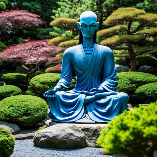 Prompt: Beautiful Alien Man in a Blue Clothes Meditating in a Japanese Garden.