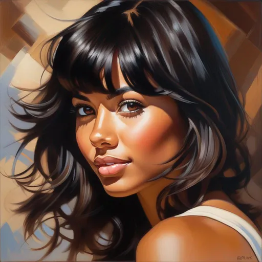 Prompt: Facial portrait of a young woman, tan skin, black hair, bangs, dark brown eyes, cartoony style, extremely detailed painting by Greg Rutkowski and by Henry Justice Ford and by Steve Henderson 
