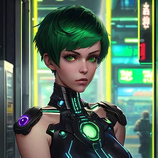 Prompt: A ultradetailed beautiful panting of a stylish beautiful cyberpunk ROBOT in a cyberpunk convenience store, short pixie cut green hair, Oil painting style, by Ilya Kuvshinov, Greg Rutkowski and Makoto Shinkai,cyberpunk aestethic, heavenly beauty, barely clothed