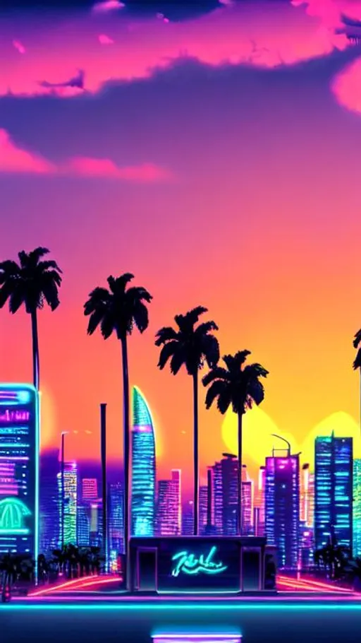 Prompt: vaporwave city, neon lighting, beautiful sunset, palm trees. Retro 