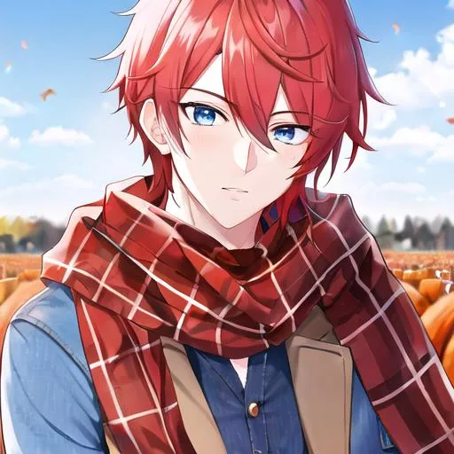 Prompt: Zerif 1male (Red side-swept hair covering his right eye, blue eyes), highly detailed face, wearing a cozy flannel shirt and a pair of stylish jeans. In the park, fall.  wearing a scarf, looking up at the sky, in a pumpkin patch,  young adult. Handsome,  detailed, UHD, HD, 4K, highly detailed, red haze, masculine, anime style