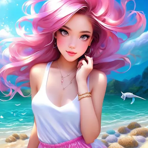 Prompt: Full body Portrait of {teenager love} with {pink} hair and with cute face, { In a beautiful seashore }, full body, perfect composition, hyperrealistic, super detailed, 8k, high quality, trending art , trending on artstation , sharp focus , Realistic background image of beautiful girls hd, intricate details, highly detailed.