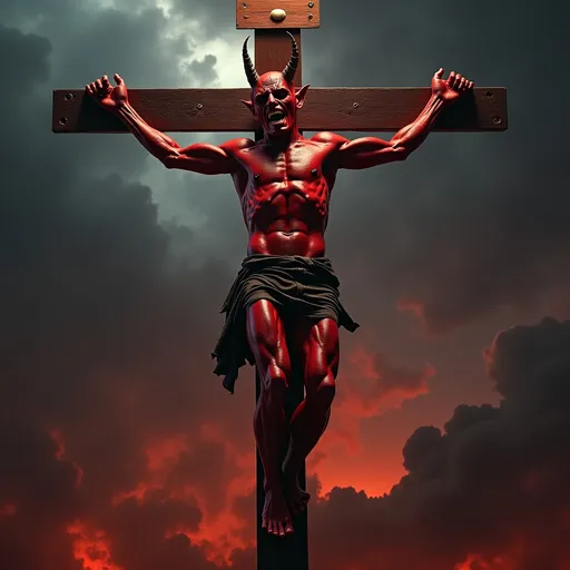 Prompt: (photorealistic) image of the devil being crucified on a wooden cross, intense expressions of agony and defiance, dark atmosphere, dramatic shadows highlighting muscular physique, blood and fire reflections, stormy skies in the background, evocative emotions radiating from the scene, high contrast color palette with deep reds and blacks, (4K), ultra-detailed rendering, cinematic composition, conveying a powerful narrative.