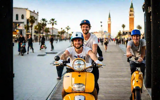 Prompt: Two white Caucasian guys with average looks wearing baseball caps on a motor scooter on the boardwalk in Venice Beach  California 