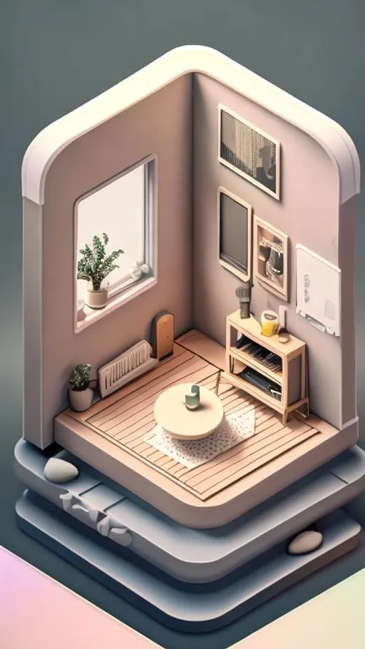 Prompt: iPhone wallpaper. Tiny cute isometric living room in a cutaway box, Scandinavian design, soft smooth lighting, neutral colors, 100mm lens, 3d blender high quality render