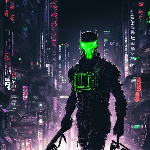 Prompt: Original villain.  Brawn. devious. Very Dark image with lots of shadows. Background partially destroyed neo Tokyo. Noir anime. Gritty. Dirty. Black with neon forest green accents. armour. Creepy mask. Bionic enhancements. 