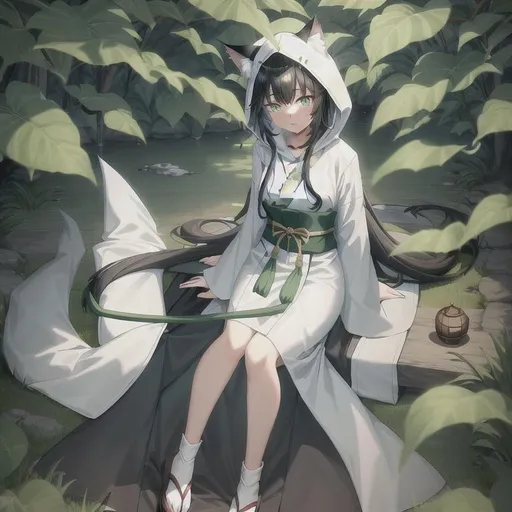 Prompt: Full body Female catgirl wizard character wearing a long white and green traditional japanese clothes with a hood with cat ears on it, her black hair hangs out onto her small chest resting in the borders of the hood,  she has green eyes .