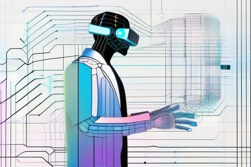 Prompt: Formed by intricate lines and shapes, an AI agent stands as the main subject. Surrounded by a network of nodes and connections, it navigates a virtual environment guided by a policy gradient-based training algorithm. Graphs and charts symbolize the processed data, while the agent dons a futuristic suit with glowing accents and augmented reality glasses. The image style is sleek, modern, and vibrant, capturing the intense and focused atmosphere of the training process.