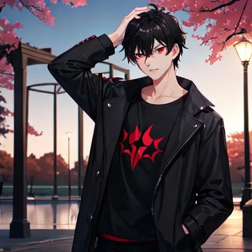 Prompt: Damien (male, short black hair, red eyes) in the park at night, casual outfit, dark out, nighttime, midnight, hands on his head, angry