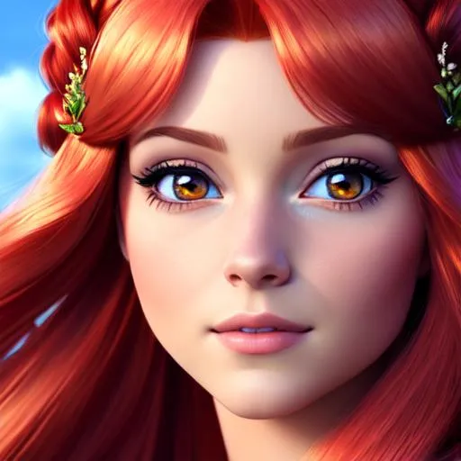 Prompt: a realistic feminine princess, Rapunzel, but with red hair, HD
