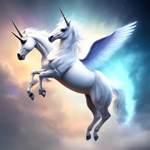 Prompt: white winged unicorn, realistic digital art painting, flying through space